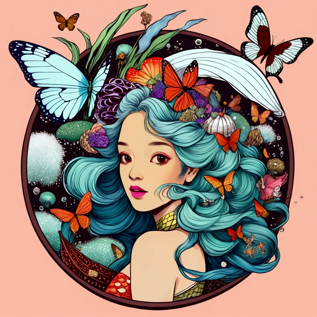 a woman with blue hair and a butterfly in her hair, official illustration, in style of digital illustration, a beautiful artwork illustration, colorful illustration, inspired by Yuko Shimizu, portrait of mermaid, colored illustration, inspired by NEVERCREW, colorfull illustration, detailed color portrait, loish |, portrait of mermaid queen, detailed digital illustration, adobe illustrator art
