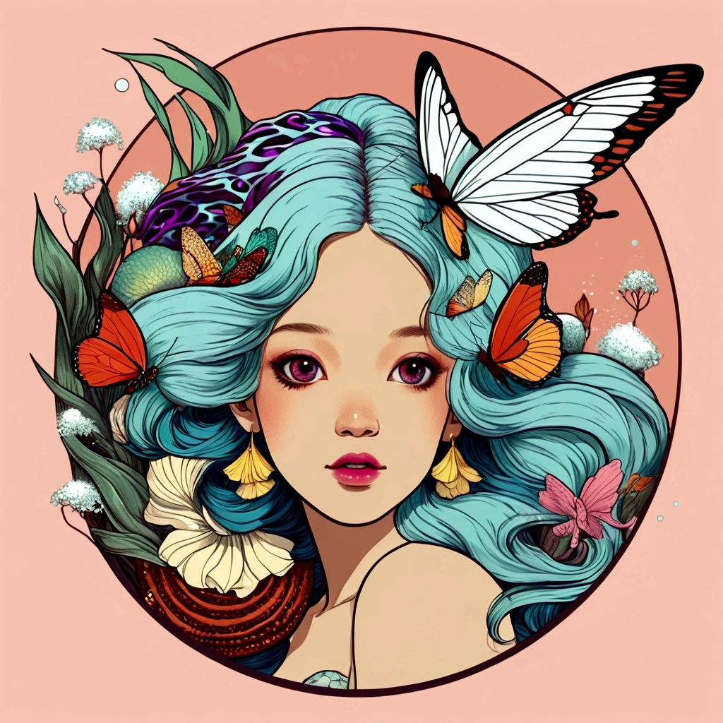 a woman with blue hair and a butterfly in her hair, official illustration, in style of digital illustration, a beautiful artwork illustration, colorful illustration, inspired by Yuko Shimizu, portrait of mermaid, colored illustration, inspired by NEVERCREW, colorfull illustration, detailed color portrait, loish |, portrait of mermaid queen, detailed digital illustration, adobe illustrator art