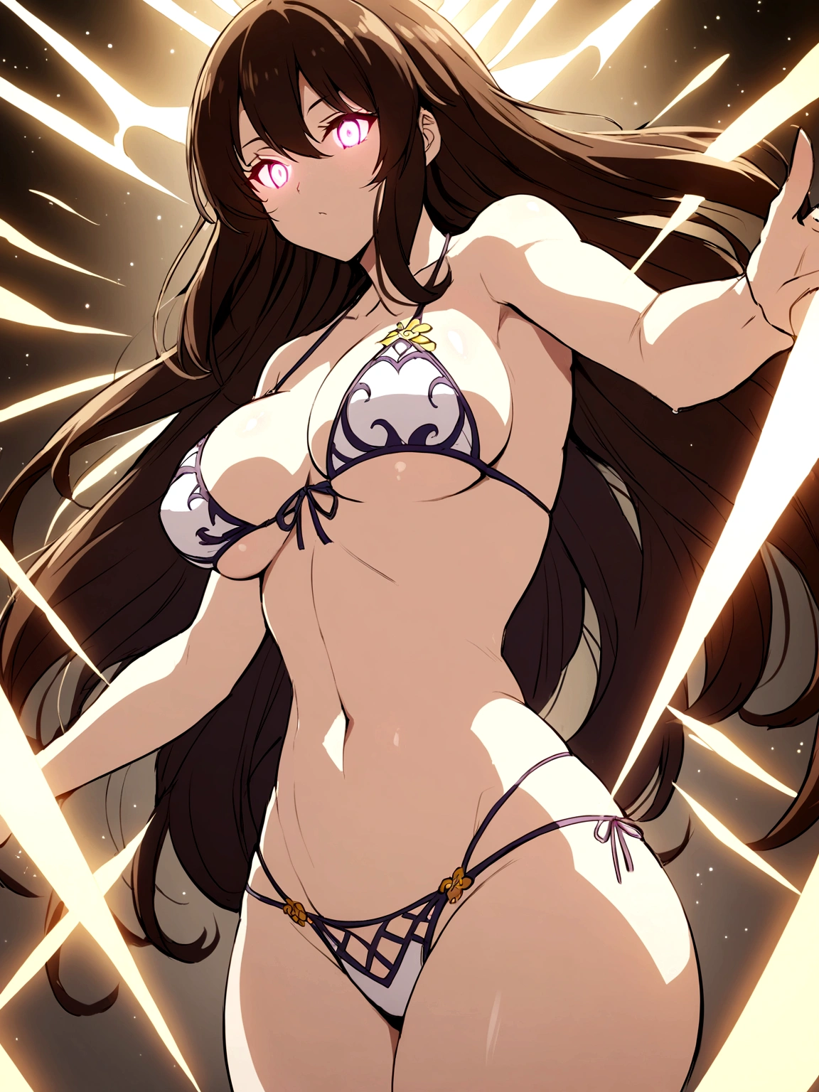 beautiful brunette anime girl wearing a detailed bikini, luscious curves, glowing eyes