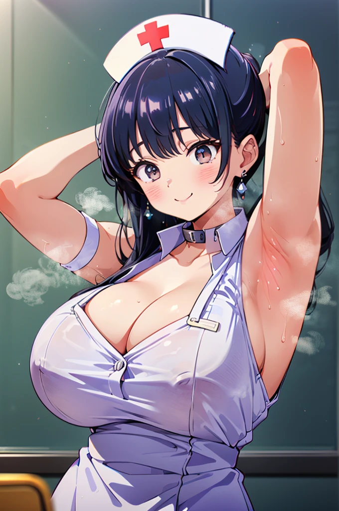 ((Upper body close-up))、(Big Breasts,Cleavage:1.8),Anna Yamada,gigantic breasts,smile、(Nurse uniform:1.5)、(Are standing)、(In the classroom)、(Wearing a collar:1.5)、Earrings、Earrings、bracelet,(Delicate facial features:1.5)、(masterpiece, Highest quality, High resolution, Super detailed, 8K, 4K),(Put your hands behind your head:1.5),ponytail,ヘソEarrings,(Beautiful Face:1.5),Is ejaculating,navel piercing,(Steam coming out of the sides:1.5),(nsfw:1.5)、My body is wet、Show off your armpits,Spread Armpit、Absurd、Highest quality, (Volupture:1.5)、(Armpits are visible:1.5)、looks happy