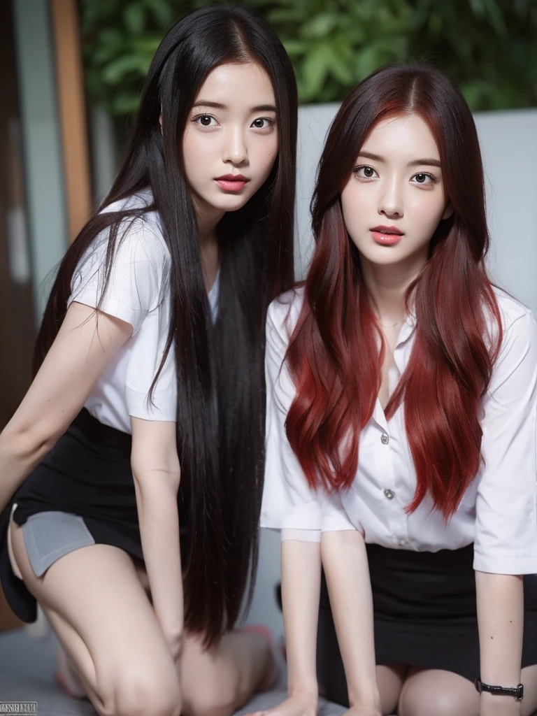 student,1 person with red hair,2 people with black hair,sexly,realistically,realistic