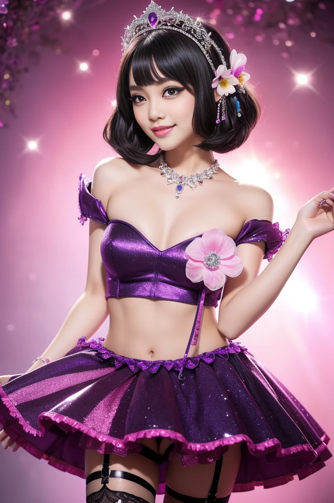 sexy Thai model who controls poison、smiling face、lipgloss、long lashes、gothic makeup、look at the camera、full body Esbian、、sparkling poisoned flower costume、、、、sparkling Colorful short hair、secrete poison、skull hair accessories、ultra detailed tights、shiny sparkling flowers background