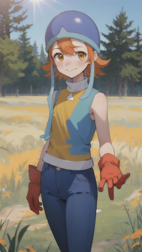 masterpiece, best quality, high resolution, soradef, one , alone, blushing, smiling, short hair, orange hair, helmet, orange eyes, digimon, yellow shirt, shirt, sleeveless, pants, jeans, red gloves, cowboy shot, looking at viewer, standing still, outdoors, grass, field, woods, sunlight, sky, blue sky,Realistic images, highest quality, evil aura, rage