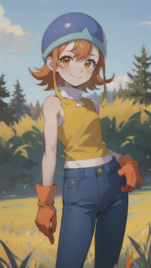 masterpiece, best quality, high resolution, soradef, one , alone, blushing, smiling, short hair, orange hair, helmet, orange eyes, digimon, yellow shirt, shirt, sleeveless, pants, jeans, red gloves, cowboy shot, looking at viewer, standing still, outdoors, grass, field, woods, sunlight, sky, blue sky,Realistic images, highest quality, evil aura, rage