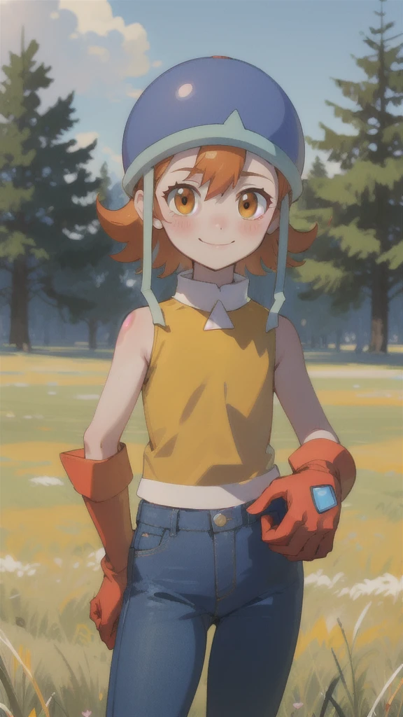 masterpiece, best quality, high resolution, soradef, one , alone, blushing, smiling, short hair, orange hair, helmet, orange eyes, digimon, yellow shirt, shirt, sleeveless, pants, jeans, red gloves, cowboy shot, looking at viewer, standing still, outdoors, grass, field, woods, sunlight, sky, blue sky,Realistic images, highest quality, evil aura, rage