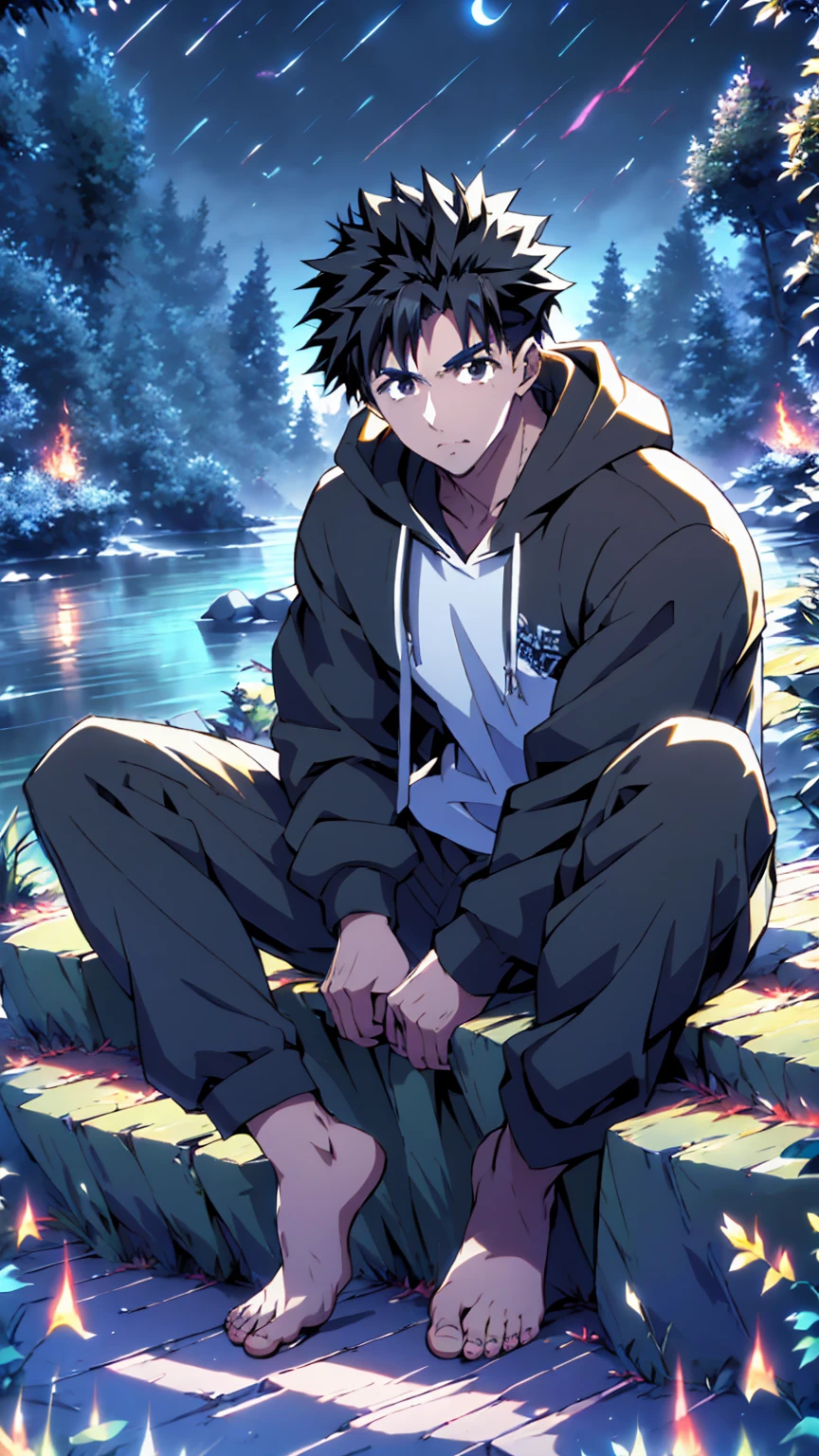 ((Highest quality)), ((masterpiece)), (detailed), Highest quality、High resolution、８K、Wearing a black hoodie、One adult male、33 years old、Dark Eyes、Slightly permed black hair、Japanese anime-like style、超High resolutionかわいい萌えアニメ8k、handsome face manly、Slender and muscular、barefoot、sitting on a stone、Spread your legs、night、Forest landscape、lake、darkness、Surrounded by lots of fireflieoonlight