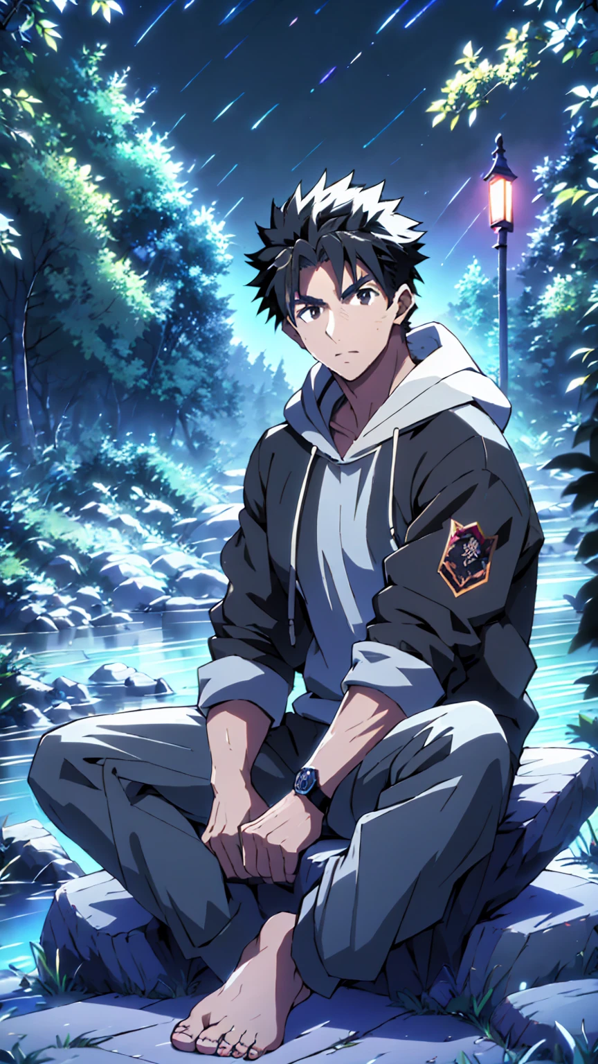 ((Highest quality)), ((masterpiece)), (detailed), Highest quality、High resolution、８K、Wearing a black hoodie、One adult male、33 years old、Dark Eyes、Slightly permed black hair、Japanese anime-like style、超High resolutionかわいい萌えアニメ8k、handsome face manly、Slender and muscular、barefoot、sitting on a stone、Spread your legs、night、Forest landscape、lake、darkness、Surrounded by lots of fireflieoonlight