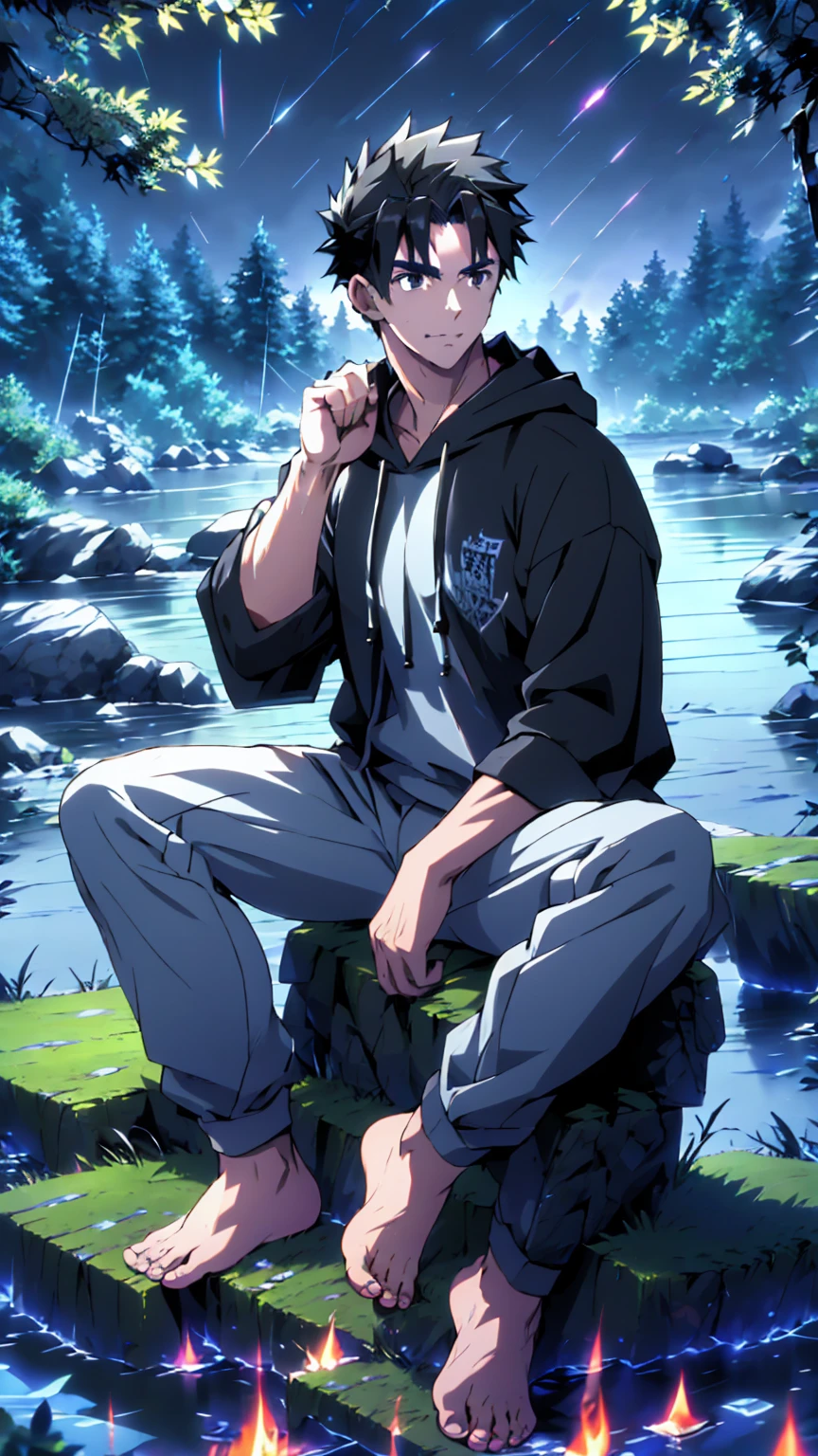 ((Highest quality)), ((masterpiece)), (detailed), Highest quality、High resolution、8K、Wearing a black hoodie、One adult male、33 years old、Dark Eyes、Slightly permed black hair、Japanese anime-like style、超High resolutionかわいい萌えアニメ8k、handsome face manly、Slender and muscular、barefoot、sitting on a stone、Spread your legs、night、Forest landscape、lake、darkness、Surrounded by lots of fireflieoonlight
