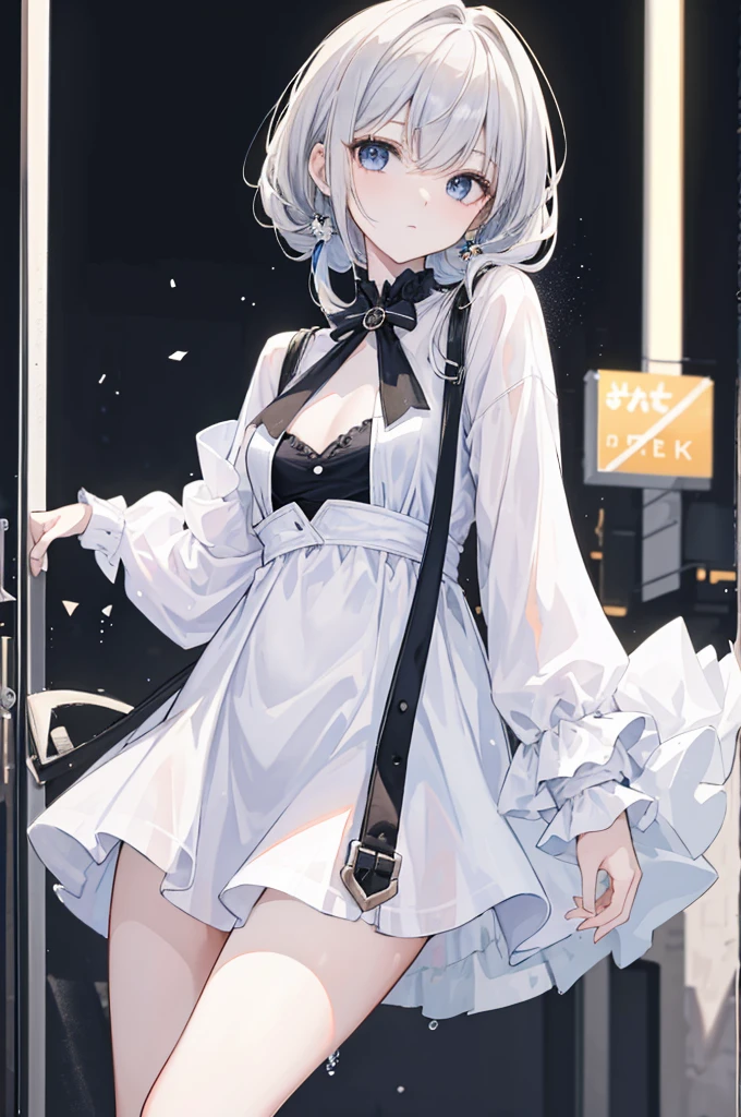 ((Best picture quality, 8K, tmasterpiece:1.3)), 1girll, Beautiful woman with slender abs:1.3, (Casual hairstyle, :1.2), Wear a low-cut dress,Ultra-fine face, A detailed eye, double eyelid,Take pictures in cute poses,The figure is very bad,tiny small waist,Super big breasts,tit,Close-up,Close-up chest,White-skinned,Clothes are soaked,streets background