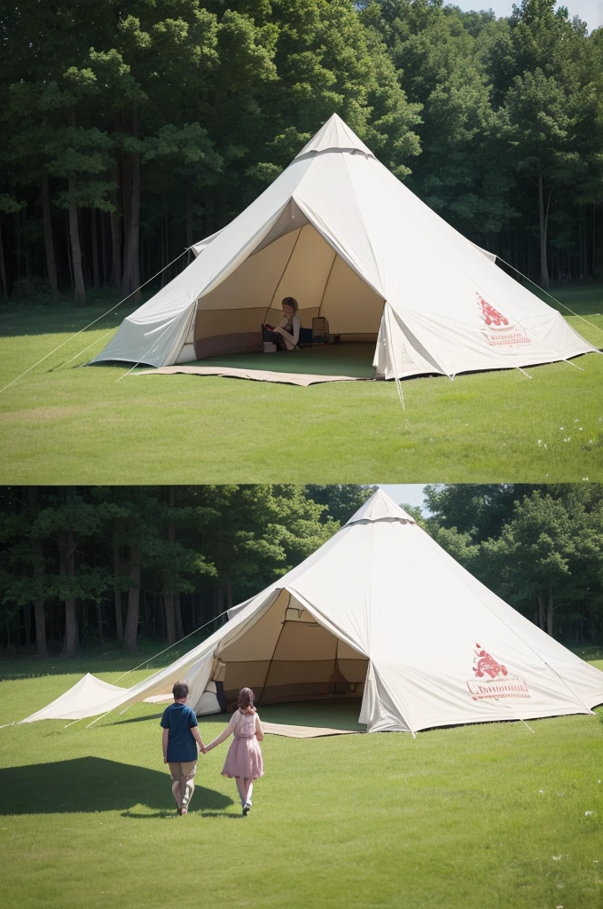 Create a large cloth tent with two characters coming out of it, It's night