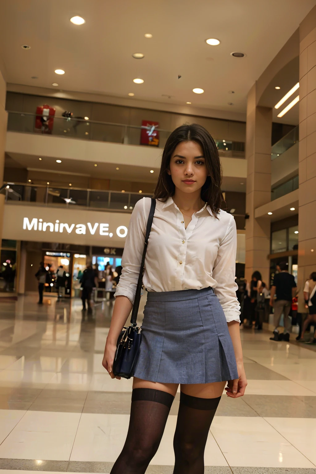 Realistic amateur photo published on  , young female ,mall, wearing miniskirt and stockings