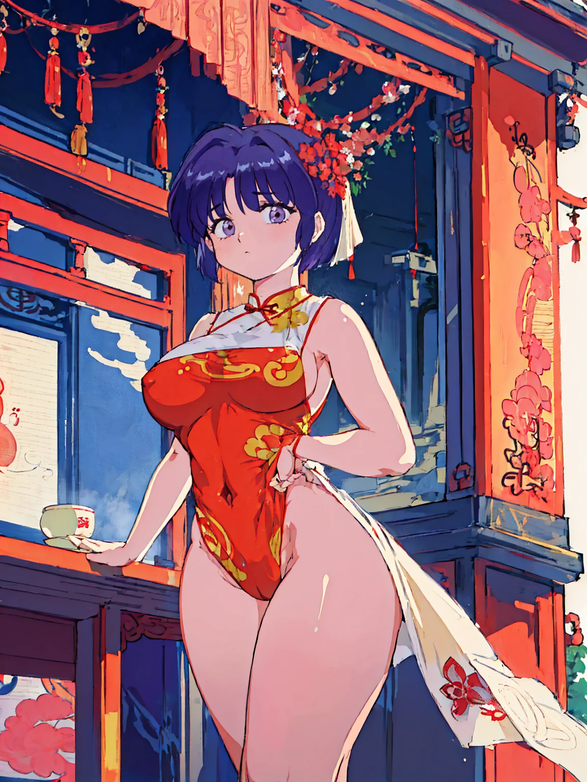 1girl, solo,((toddler)), (little female ,,wide hip:1.3),gigantic breasts, oppai,
(short, , chibi:1.2), nsfw,revealing chinese ,china dress, (fusion of chinese_dress and highleg leotard:1.5),(wearing doctor's white gown),(((Chinese traditional patterns print on leotard))),Rose hair clasp,skindentation, white Clothes, ((no panties,exphosed groin)),white_background, absurdres, highres,akane, TendouAkane, ,cowboy shot,