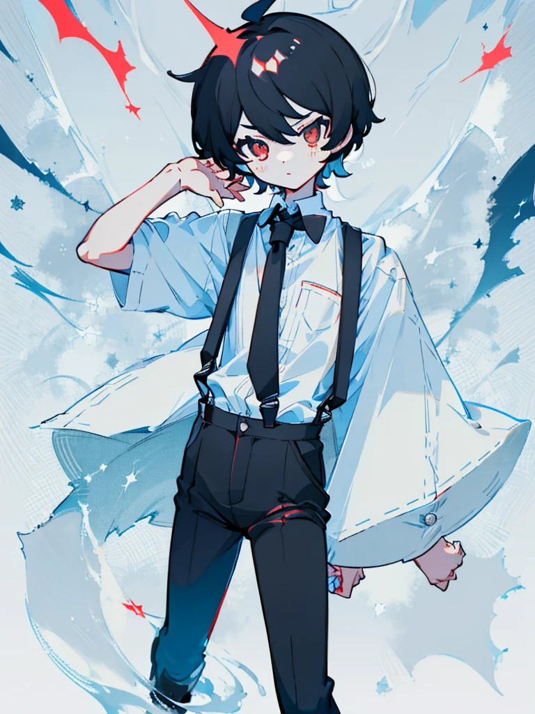 boy short messy black hair and red eyes,,white shirt with suspenders and short black shorts with long tie,estilo genshin impact, unique poses