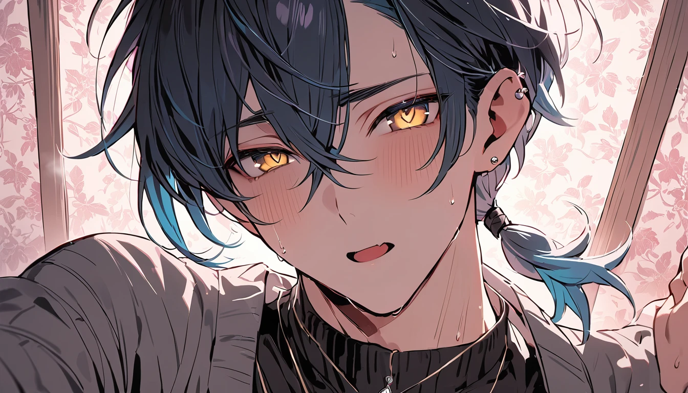 ((((best masterpiece, best quality, wallpaper,)))) solo, guy, male body, small muscles, flat chest, 1male, 30 years old, handsome man, dramatic angle, upper body, looking at viewers, beautiful detailed, mediumturquoise hair, ((((Lower short ponytail)))), asymmetrical bangs, ((short hair,)) blush stickers, sweat, (((perfect face, extremely detailed eyes,))) ((( jitome, gold eyes, ^o^, tareme, droopy eyes,))) perfect hands, sharp nose, clear face, black turtleneck, grey cardigan, ((silver piercing, pendant,)) leggings, pink background color ultrasharp, 8K, masterpiece,