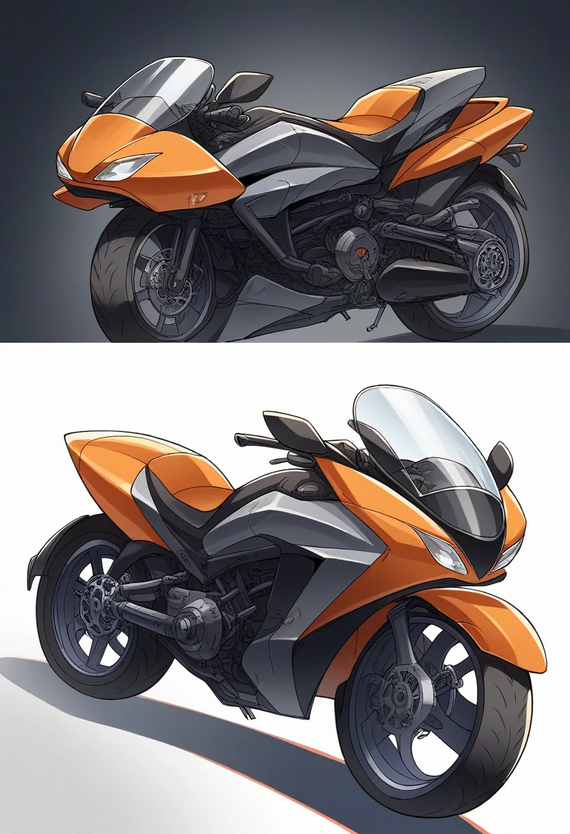 Create a detailed and futuristic motorbike surrounded by sexy girls, with technical diagrams showing various angles and parts of the bike. Motorcycles must have complex designs with exposed mechanical components, large wheels, sturdy frames, and complex wiring and pipes. The front fairing should be aerodynamic with a curved windshield, and the rear appears to be equipped with large rims with thick tires and an open, low-angle engine section. The background should include technical schematics from the side, top and enlarged views, highlighting the internal structure and connections of the motorcycle. The main color of the bike should be metallic gray with some orange accents in its technical diagrams, emphasizing the high precision and intricate details of this work of mechanical art.