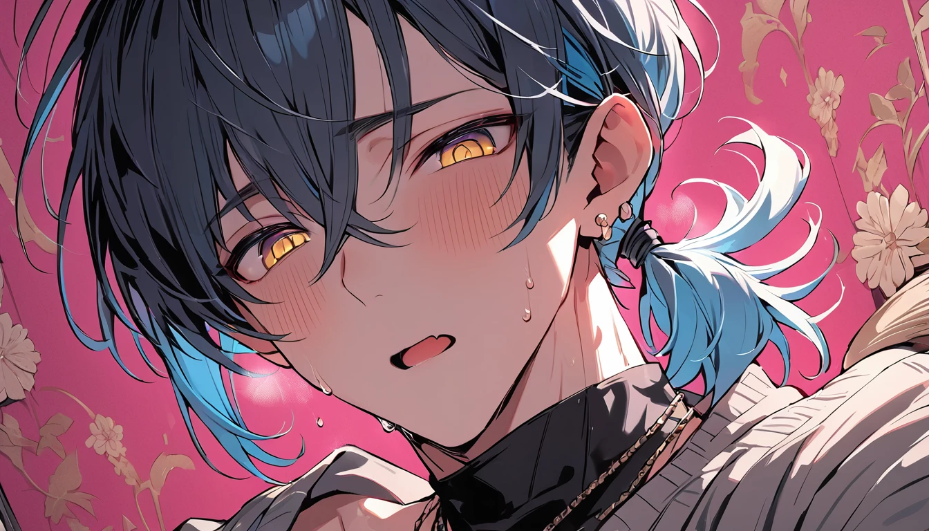 ((((best masterpiece, best quality, wallpaper,)))) solo, guy, male body, small muscles, flat chest, 1male, 30 years old, handsome man, dramatic angle, upper body, looking at viewers, beautiful detailed, mediumturquoise hair, ((((Lower short ponytail)))), asymmetrical bangs, ((short hair,)) blush stickers, sweat, (((perfect face, extremely detailed eyes,))) ((( jitome, gold eyes, ^o^, tareme, droopy eyes,))) perfect hands, sharp nose, clear face, black turtleneck, grey cardigan, ((silver piercing, pendant,)) leggings, pink background color ultrasharp, 8K, masterpiece,