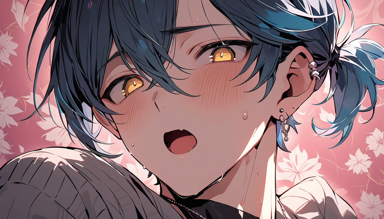 ((((best masterpiece, best quality, wallpaper,)))) solo, guy, male body, small muscles, flat chest, 1male, 30 years old, handsome man, dramatic angle, upper body, looking at viewers, beautiful detailed, mediumturquoise hair, ((((Lower short ponytail)))), asymmetrical bangs, ((short hair,)) blush stickers, sweat, (((perfect face, extremely detailed eyes,))) ((( jitome, gold eyes, ^o^, tareme, droopy eyes,))) perfect hands, sharp nose, clear face, black turtleneck, grey cardigan, ((silver piercing, pendant,)) leggings, pink background color ultrasharp, 8K, masterpiece,