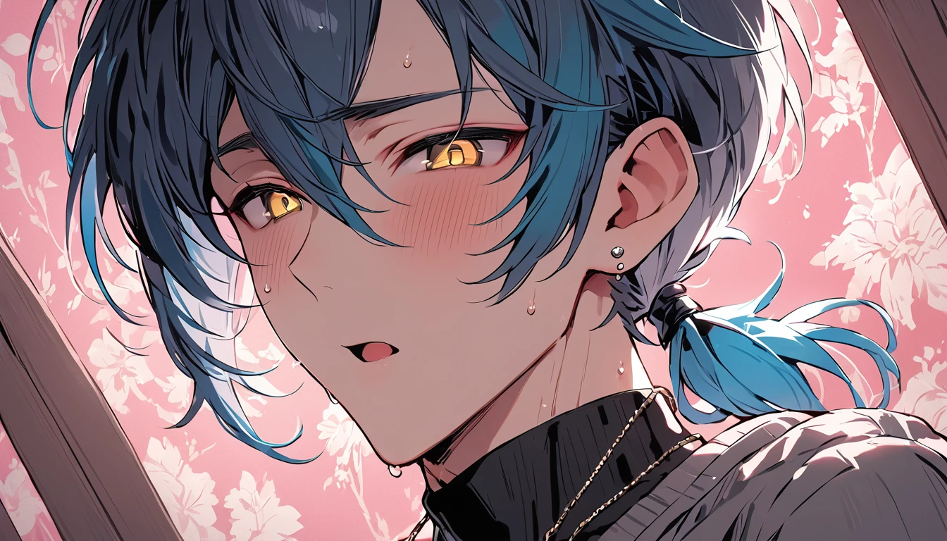 ((((best masterpiece, best quality, wallpaper,)))) solo, guy, male body, small muscles, flat chest, 1male, 30 years old, handsome man, dramatic angle, upper body, looking at viewers, beautiful detailed, mediumturquoise hair, ((((Lower short ponytail)))), asymmetrical bangs, ((short hair,)) blush stickers, sweat, (((perfect face, extremely detailed eyes,))) ((( jitome, gold eyes, ^o^, tareme, droopy eyes,))) perfect hands, sharp nose, clear face, black turtleneck, grey cardigan, ((silver piercing, pendant,)) leggings, pink background color ultrasharp, 8K, masterpiece,