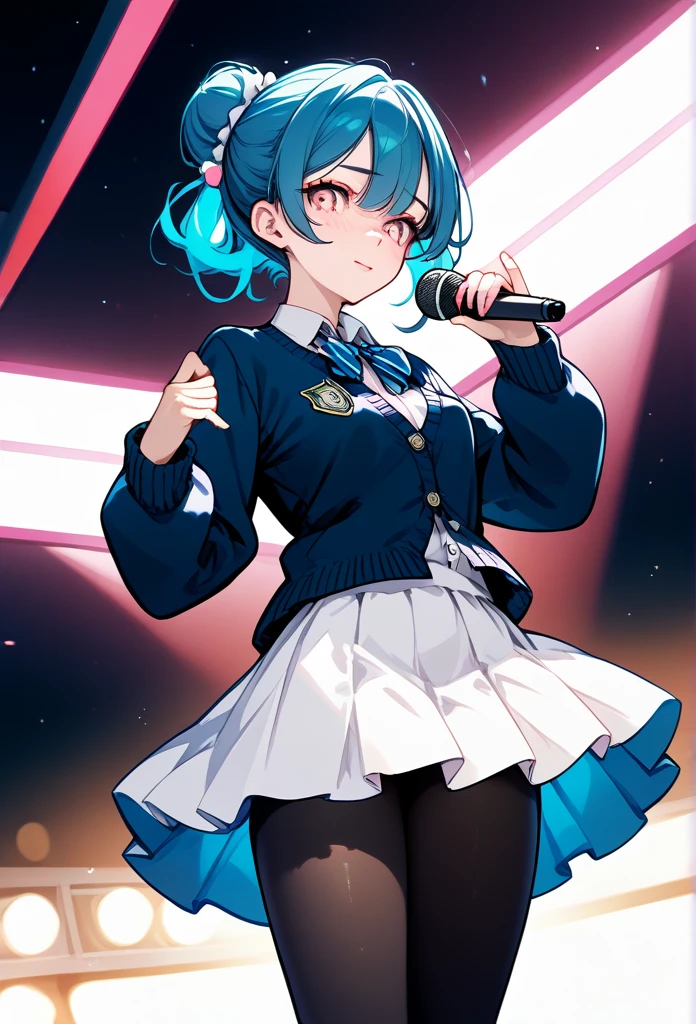 mature woman, mature face, pink eyes, shy expression, embarrassed face, shy smile, glossy lips, bun ponytail hair, (blue hair color, pink gradient hair color, azure color hair), bangs covering left eye, left blinding bangs hairstyle, mature body, small breasts, dark blue cardigan, short skirt, navy color skirt, pantyhose, idol, stage, holding microphone