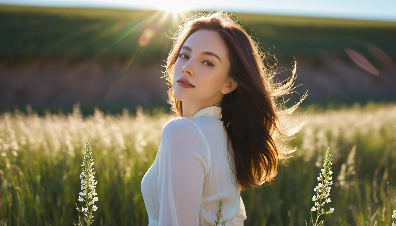 Portrait of a lovely woman in a bright windy field, river, (Backlight), Practical, masterpiece, best quality, lens flare, In the shade, bloom, [[Chromatic Aberration]], author：Jeremy Lipking, author Antonio J. Manzanedo, number, Style-GlassFinal, Natural skin texture