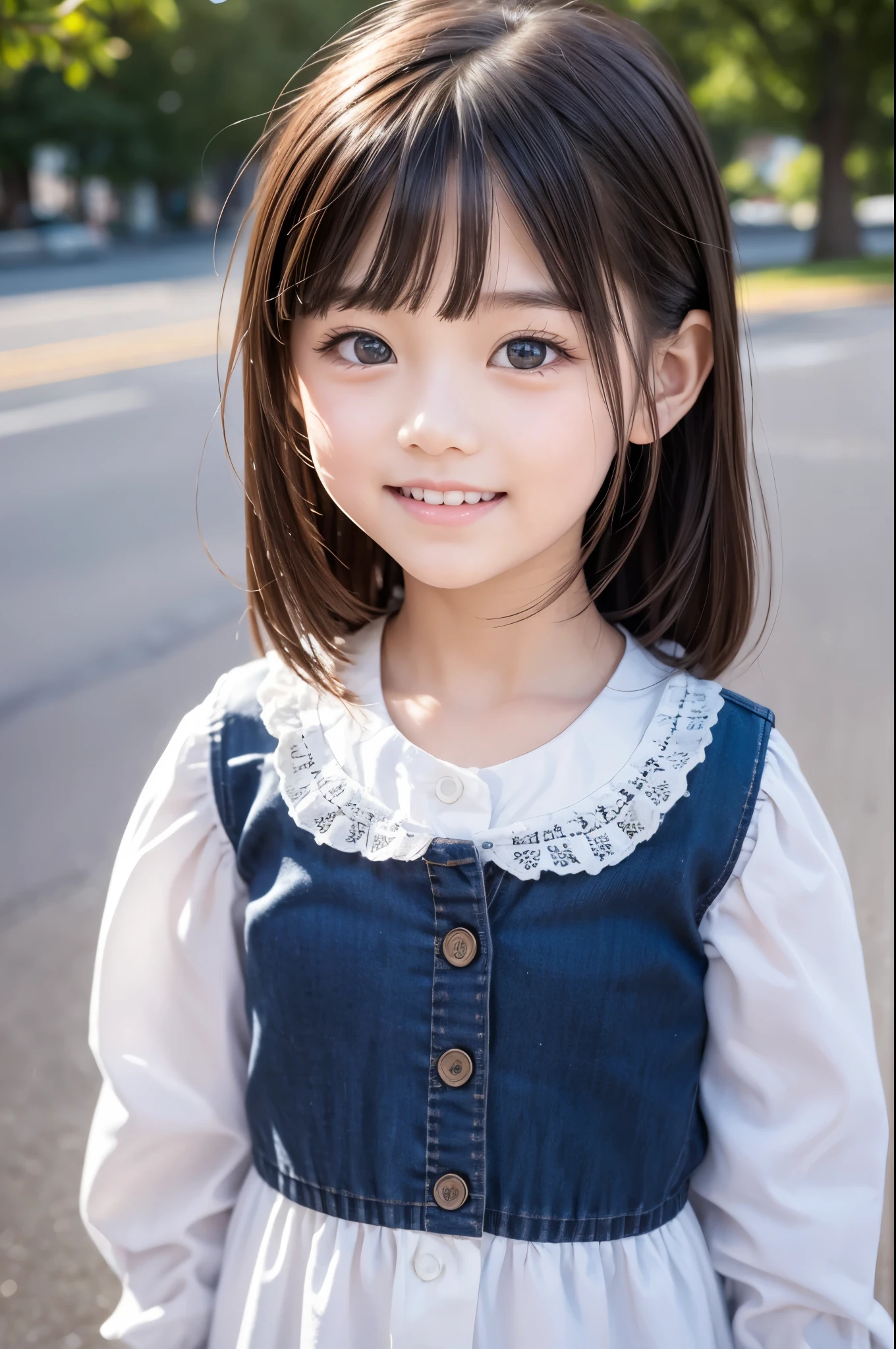 ((detailed face)), (single girl), ((best quality)), ((road 8K)), (super detailed), ((detailed background)) 8K, best quality, best quality: 1.1, Masterpiece: 1.3, super high resolution, (perfect face, Japanese, 6 , girl, cute, park, smile, children's clothes, bangs, short hair, whole body,