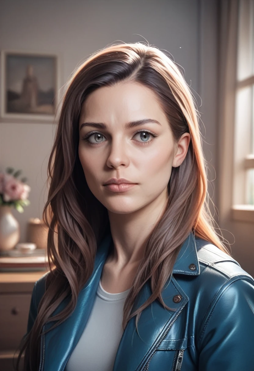 Best quality, masterpiece, ultra high res, (photorealistic:1.4), raw photo, 1girl, closeup, in coffeeshop, , long hair, blue  leather jacket, 