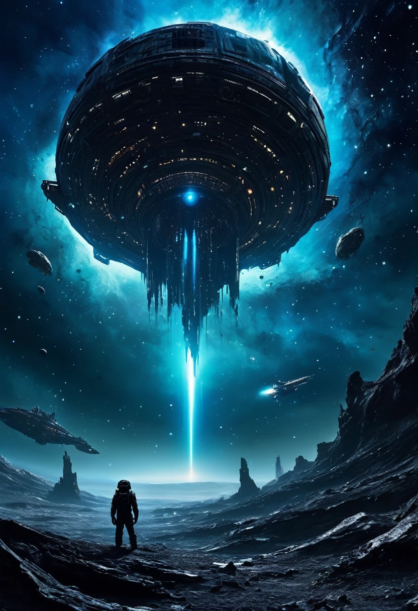 
A hauntingly dark scene set in the vast emptiness of space. In the foreground, a derelict spaceship drifts aimlessly, its once sleek and shiny exterior now battered and covered in alien growths and debris. The ship’s lights flicker sporadically, casting eerie shadows. The background shows the infinite expanse of stars and a distant, menacing nebula swirling with dark and ominous colors. In one of the spaceship’s shattered windows, a glimpse of a monstrous entity with glowing eyes can be seen. The title "Echoes of the Void" is written in a chilling, futuristic font, glowing faintly with an otherworldly blue hue. The overall tone of the cover is dark and foreboding, hinting at the horror and mystery within.

