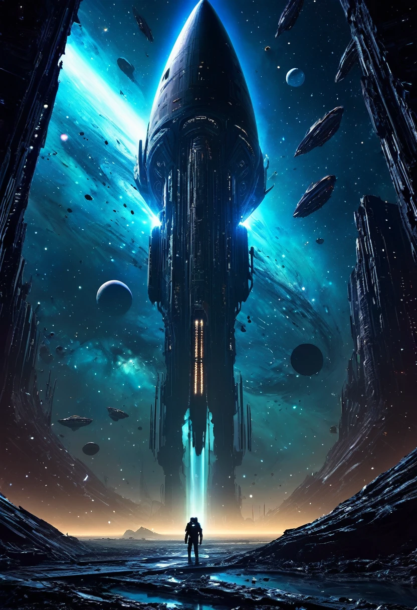 A hauntingly dark scene set in the vast emptiness of space. In the foreground, a derelict spaceship drifts aimlessly, its once sleek and shiny exterior now battered and covered in alien growths and debris. The ship’s lights flicker sporadically, casting eerie shadows. The background shows the infinite expanse of stars and a distant, menacing nebula swirling with dark and ominous colors. In one of the spaceship’s shattered windows, a glimpse of a monstrous entity with glowing eyes can be seen. The title "Echoes of the Void" is written in a chilling, futuristic font, glowing faintly with an otherworldly blue hue. The overall tone of the cover is dark and foreboding, hinting at the horror and mystery within.