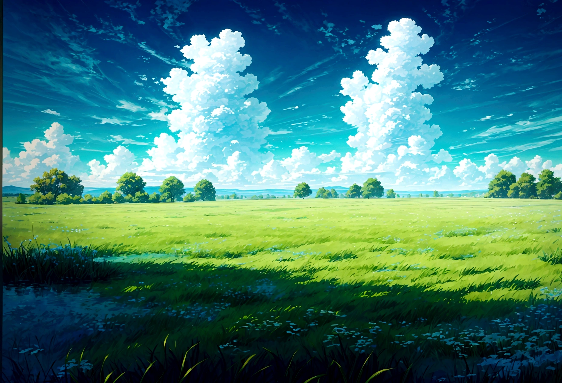The sky is blue and the clouds float around.,green field,middle stream