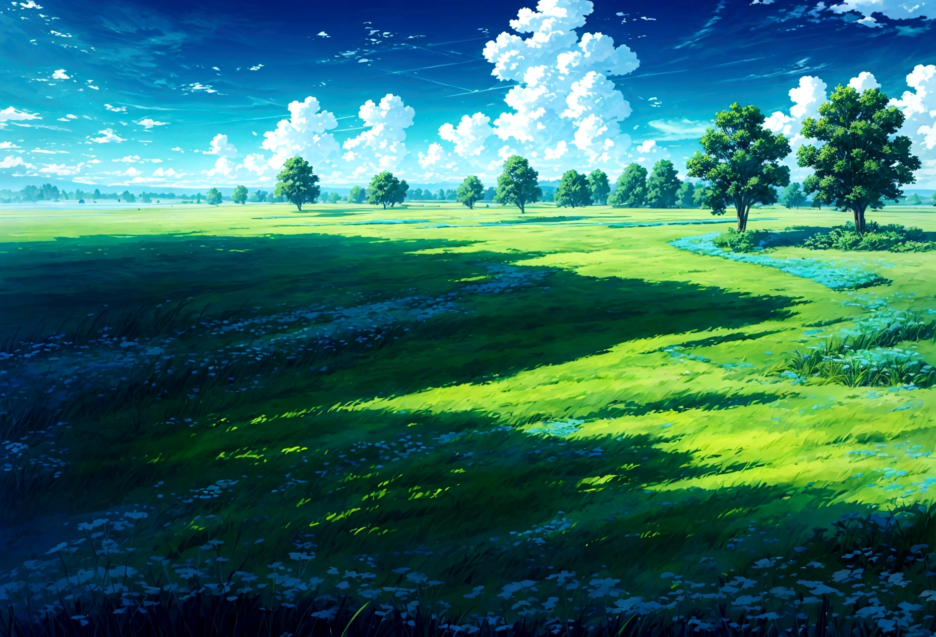 The sky is blue and the clouds float around.,green field,middle stream