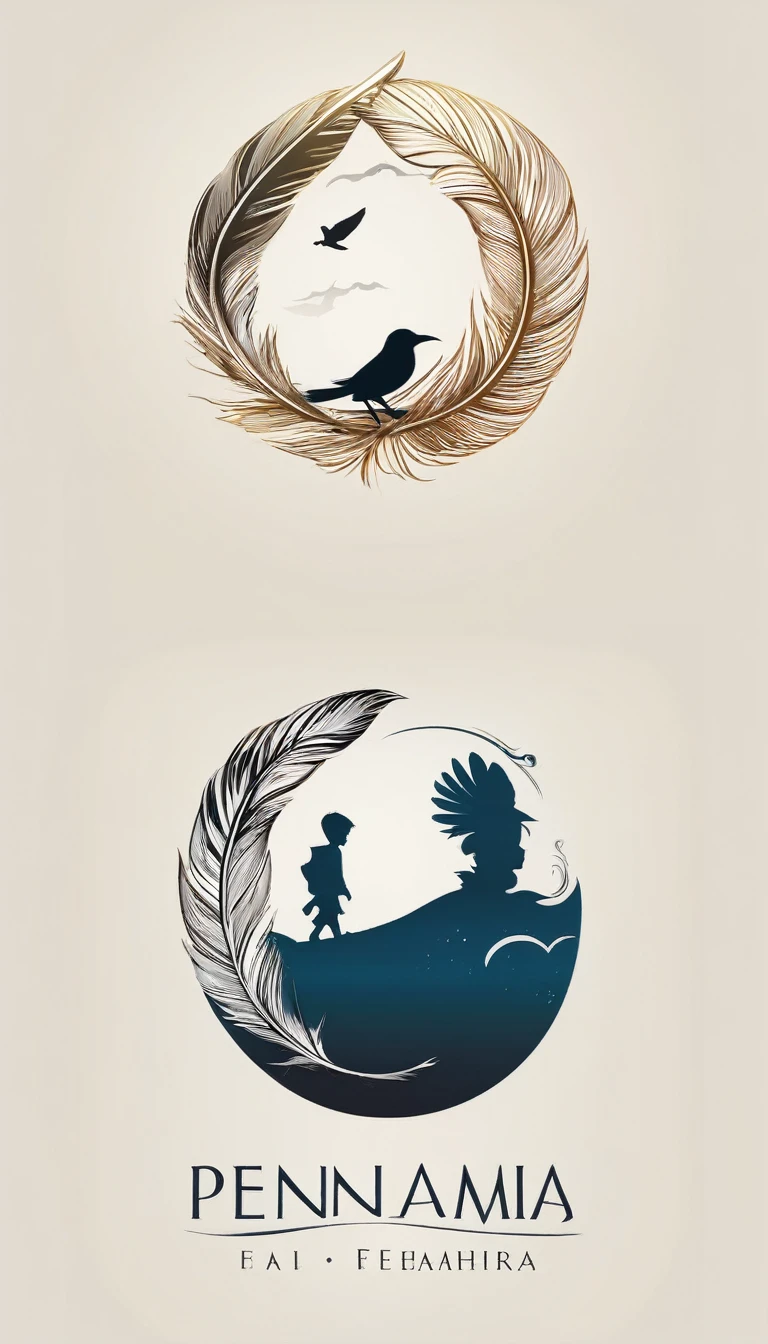 Create a minimal, modern, simple, inspirational, memorable, dream like logo design of a boy and a feather for the brand “Penamemoria".