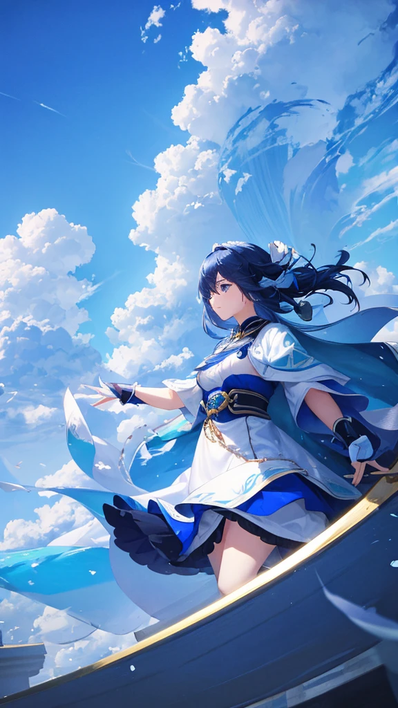 The main theme is the blue sky with white clouds floating in it.　Woman&#39;s back view　Casual clothing　An illustration
