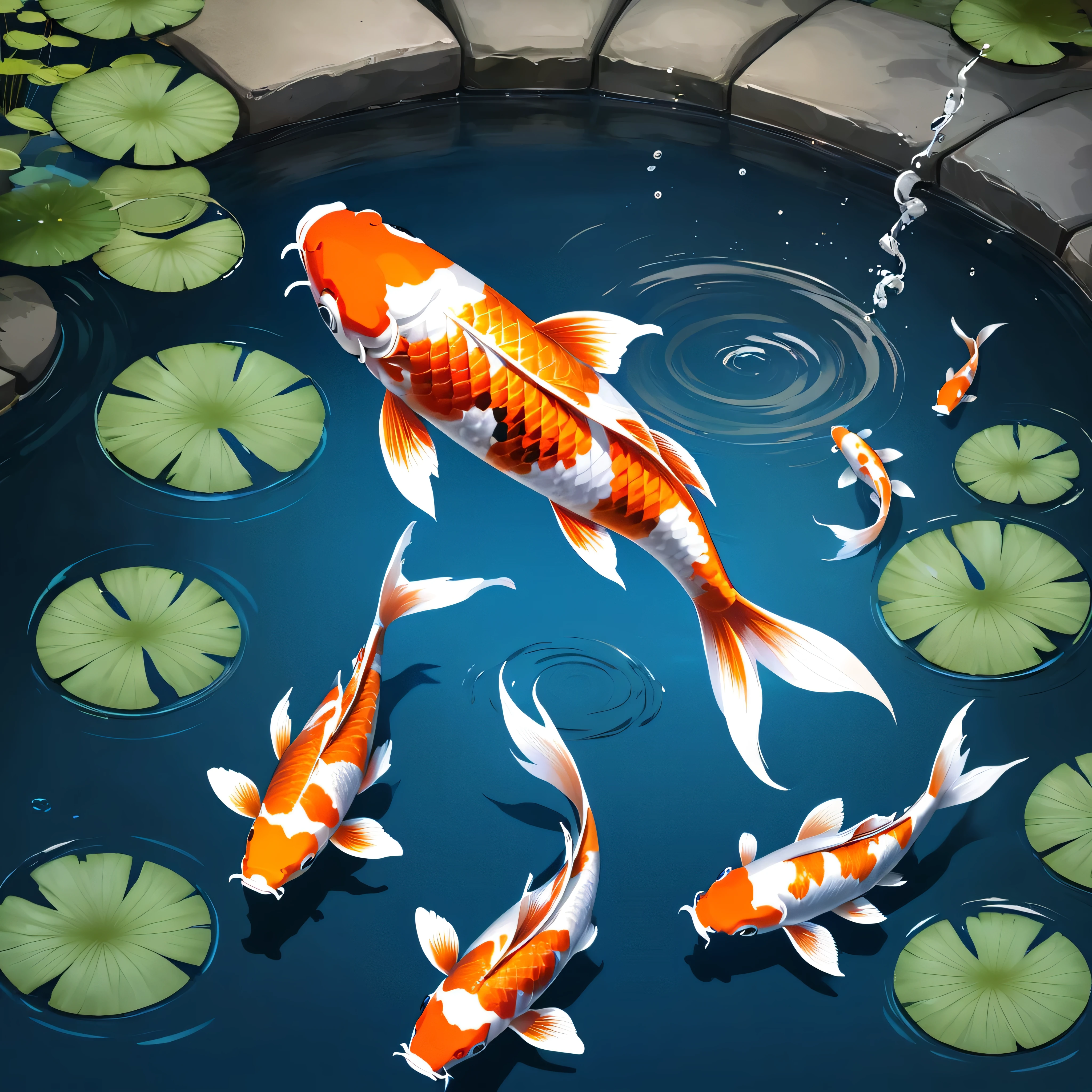 Koi fish in the pond are jumping up