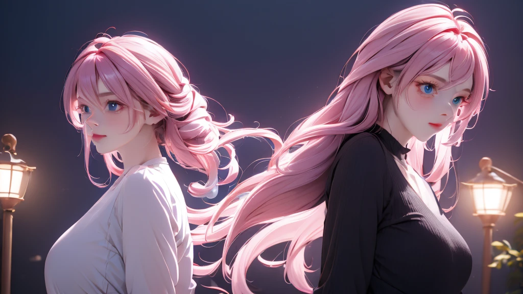 1 Girl , Girl medium light Pink hair, light blue eyes, wearing black suit 4D, night town , 18+ , high res, ultrasharp, 8K, masterpiece, looking from behind