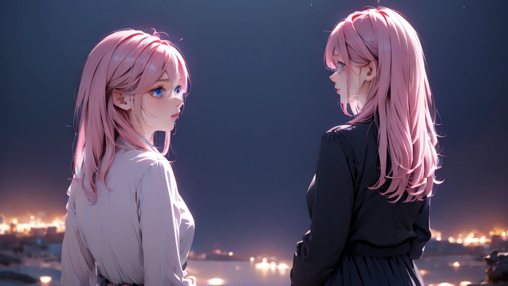 1 Girl , Girl medium light Pink hair, light blue eyes, wearing black suit 4D, night town , 18+ , high res, ultrasharp, 8K, masterpiece, looking from behind
