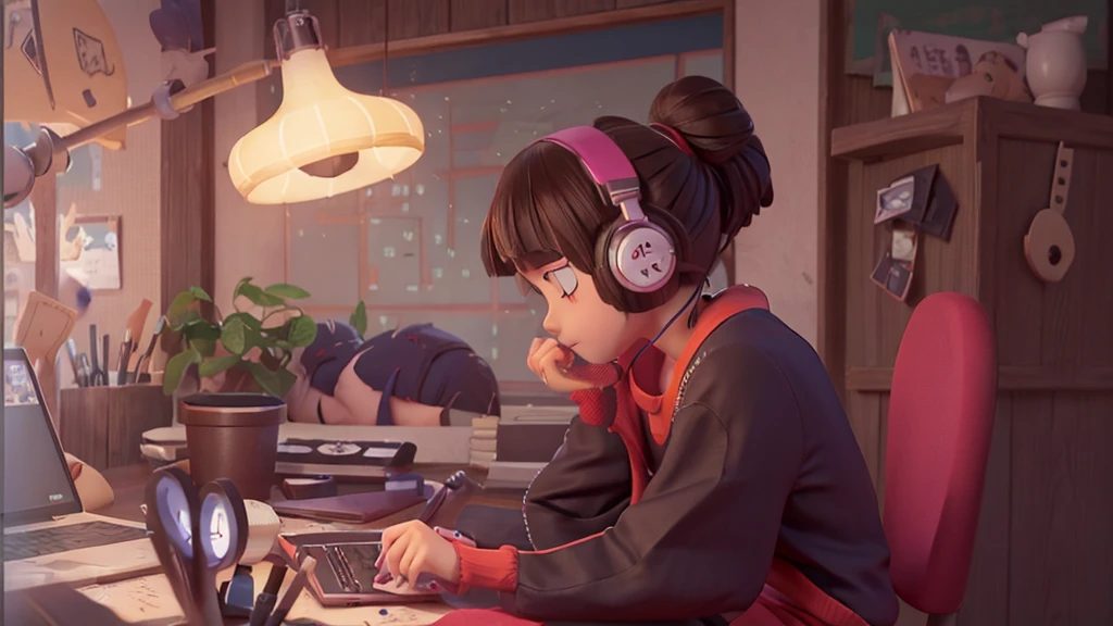 anime character sitting at a table with a laptop and headphones, praise girl, praise artstyle, praise art, praise feel, estética da praise, praise hip hop, praise colors, praise vibe, praise vibes, praise, praise portrait, Spirited Away! Fujisaki, don't atey ghailan style