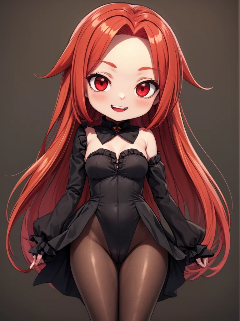 masterpiece, Highest quality, High resolution, One girl, alone, Modern vampires, Redhead, Long Hair, Open Hair, Red eyes, An innocent smile, 牙 Redhead, Red and black outfit, Scary background, Big , (Chibi:1.1), nsfw