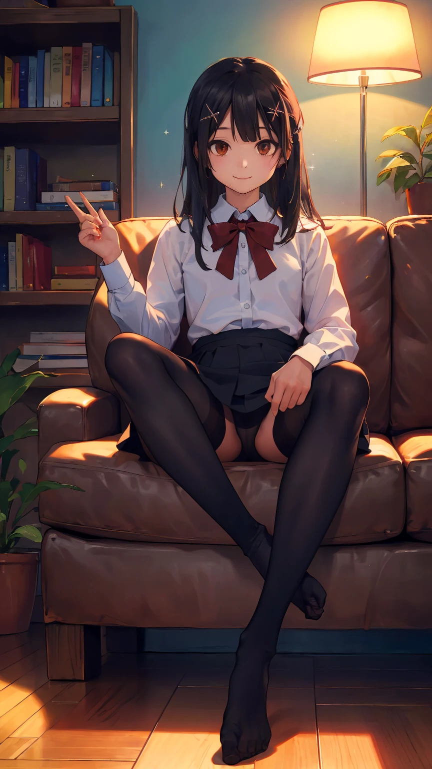 (foot focus:1.3),(best quality), ((masterpiece)), (highres), illustration, original, extremely detailed,dbj,1girl,(Miyu Edelfelt),black hair,brown eyes,small chest,x hair ornament,solo,expressionless,book, pantyhose, long hair, shirt, no shoes,sitting, cat, plant, brown eyes, solo,indoors, bow, bookshelf, potted plant, bowtie, white shirt, looking at viewer, black hair, black pantyhose, chair, smile, wooden floor, dress shirt, no pants, thighband pantyhose, armchair, lamp, long sleeves, sparkle,collared shirt, bangs, small chest,couch