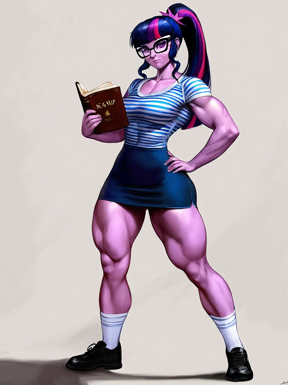 bfwf, twilight sparkle, (sci-twi:1.3), solo , human, colored skin, purple skin, multicolored hair, ponytail, purple eyes, glowing eyes, purple eyeshadow, eyelashes, expressionless, closed mouth, curvy, muscular female, breasts, busty, wide hips, trapezius, collarbone, pectorals, armpits, deltoids, biceps, triceps, forearm_muscles, hands, palms, fingers, 5 fingers, butt, thighs, calves, feet, toes, eyewear, glasses, clothing, blue striped shirt, short sleeves, navy blue short skirt, socks, black shoes, pose, standing, hand_on_own_hip, holding a book in hand, looking at viewer, front, view, simple background, score_9, score_8_up, score_7_up, score_6_up, score_5_up, score_4_up, rating_explicit, spotlight, huge muscles