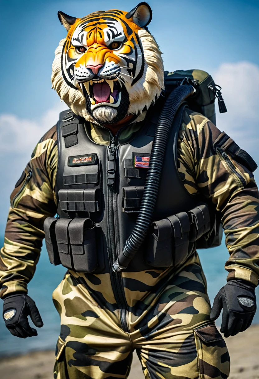 (a dark-skinned fat muscular bearded old man in a bulky army camouflage zipper diver suit) saluting, (wearing realistic roaring siberian tiger mask) and carrying a rifle on his back, muscular, Basuki Abdullah, sumatraism, action, a character portrait, heroic, fierce, snarling