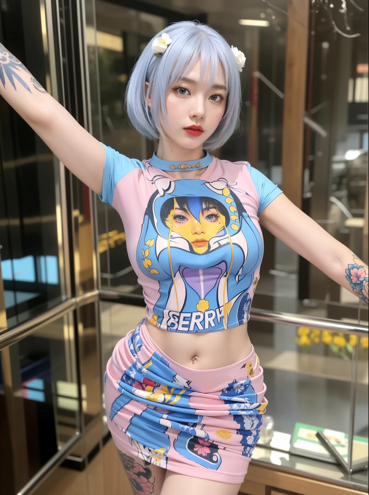 Realistic style,8K picture quality,Very detailed, Delicate face, Realistic style的照片, Stock Photography , rich and colorful, Surreal, Realistic textures, Dramatic Lighting, Distiller 800 (8K, original photo, Better quality, masterpiece: 1.2), Very detailed, (Extremely delicate skin: 1.2), 8K Ultra HD, SLR camera, Soft Light, high quality, 冰冻Queen, Queen, snow castle,Blue pupils,Apply red lipstick,Very delicate tattoo design,Gold Jewelry,There are tattoos on the arms