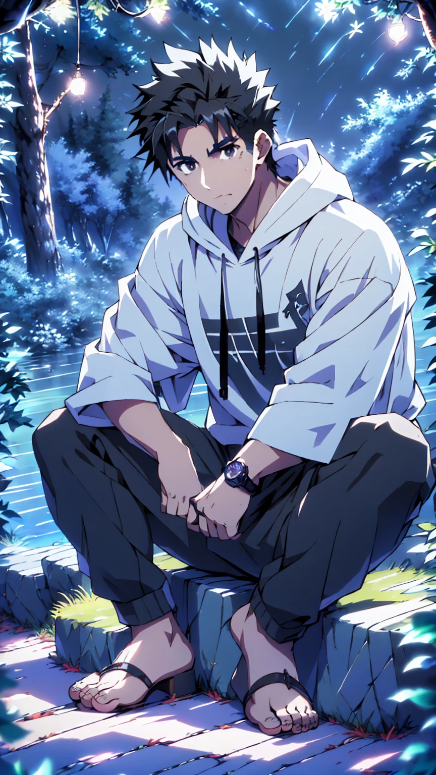 ((Highest quality)), ((masterpiece)), (detailed), Highest quality、High resolution、8K、Wearing a black hoodie、One adult male、33 years old、Dark Eyes、Slightly permed black hair、Japanese anime-like style、超High resolutionかわいい萌えアニメ8k、handsome face manly、Slender and muscular、barefoot、sitting on a stone、Spread your legs、night、Forest landscape、lake、darkness、Surrounded by lots of fireflieoonlight