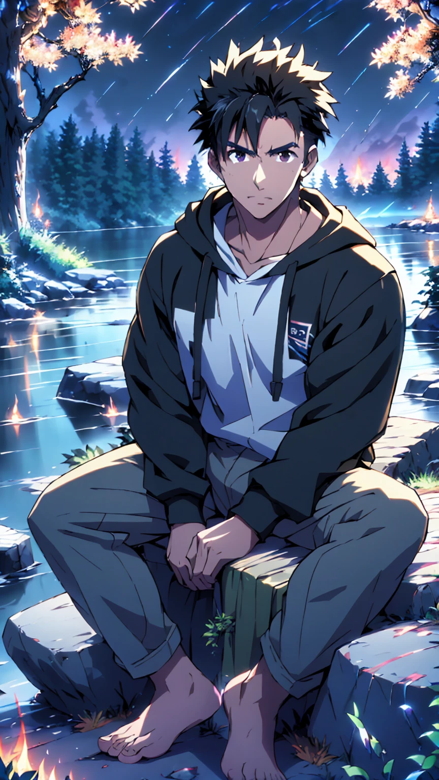 ((Highest quality)), ((masterpiece)), (detailed), Highest quality、High resolution、8K、Wearing a black hoodie、One adult male、33 years old、Dark Eyes、Slightly permed black hair、Japanese anime-like style、超High resolutionかわいい萌えアニメ8k、handsome face manly、Slender and muscular、barefoot、sitting on a stone、Spread your legs、night、Forest landscape、lake、darkness、Surrounded by lots of fireflieoonlight