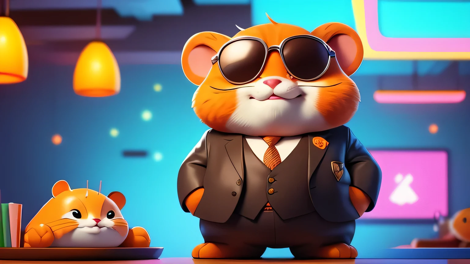 a close up of an orange hamster, cute face with fat cheeks, dressed in a suit and sunglasses, furry art, looking heckin cool and stylish, , big chungus boss, neon room background.
