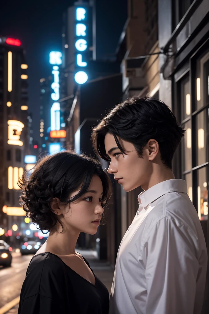 styled: realisitic. Left side: Black silhouette from the side of a boy with straight, tomboy-style hair at the back of his head, slightly defined arms and a hand on the neck of the person on the left. Left side: Black silhouette of the side of a girl at chin height of the person on the right, with voluminous curly hair and looking slightly upward, in the eyes of the person on the right. fund: Dark sky at night with a building displaying an illuminated sign written "Just one more time..."