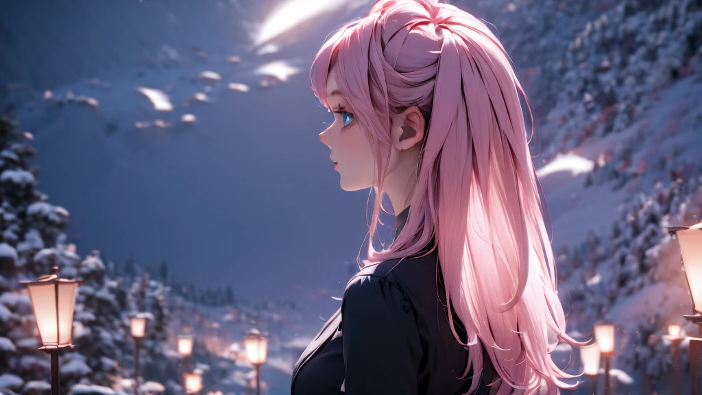 1 Girl , Girl medium light Pink hair, light blue eyes, wearing black suit 4D, night town , 18+ , high res, ultrasharp, 8K, masterpiece, looking from behind