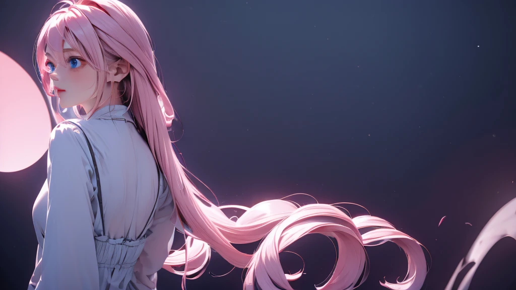 1 Girl , Girl medium light Pink hair, light blue eyes, wearing black suit 4D, night town , 18+ , high res, ultrasharp, 8K, masterpiece, looking from behind