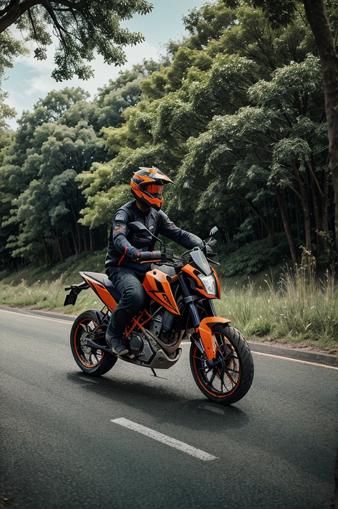 A boy wearing helmet with ktm Duke 250 in green trees background in middle of the road aesthetic photo 

