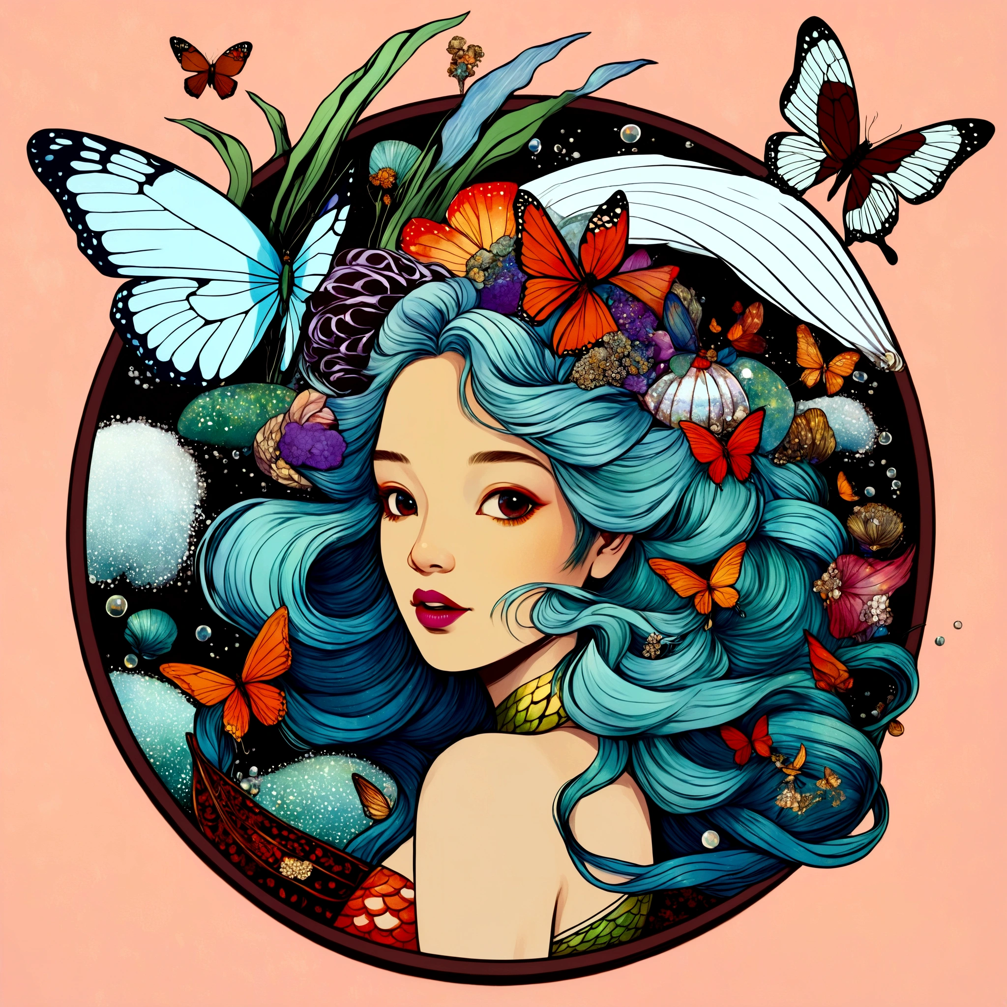 a woman with blue hair and a butterfly in her hair, official illustration, in style of digital illustration, a beautiful artwork illustration, colorful illustration, inspired by Yuko Shimizu, portrait of mermaid, colored illustration, inspired by NEVERCREW, colorfull illustration, detailed color portrait, loish |, portrait of mermaid queen, detailed digital illustration, adobe illustrator art
