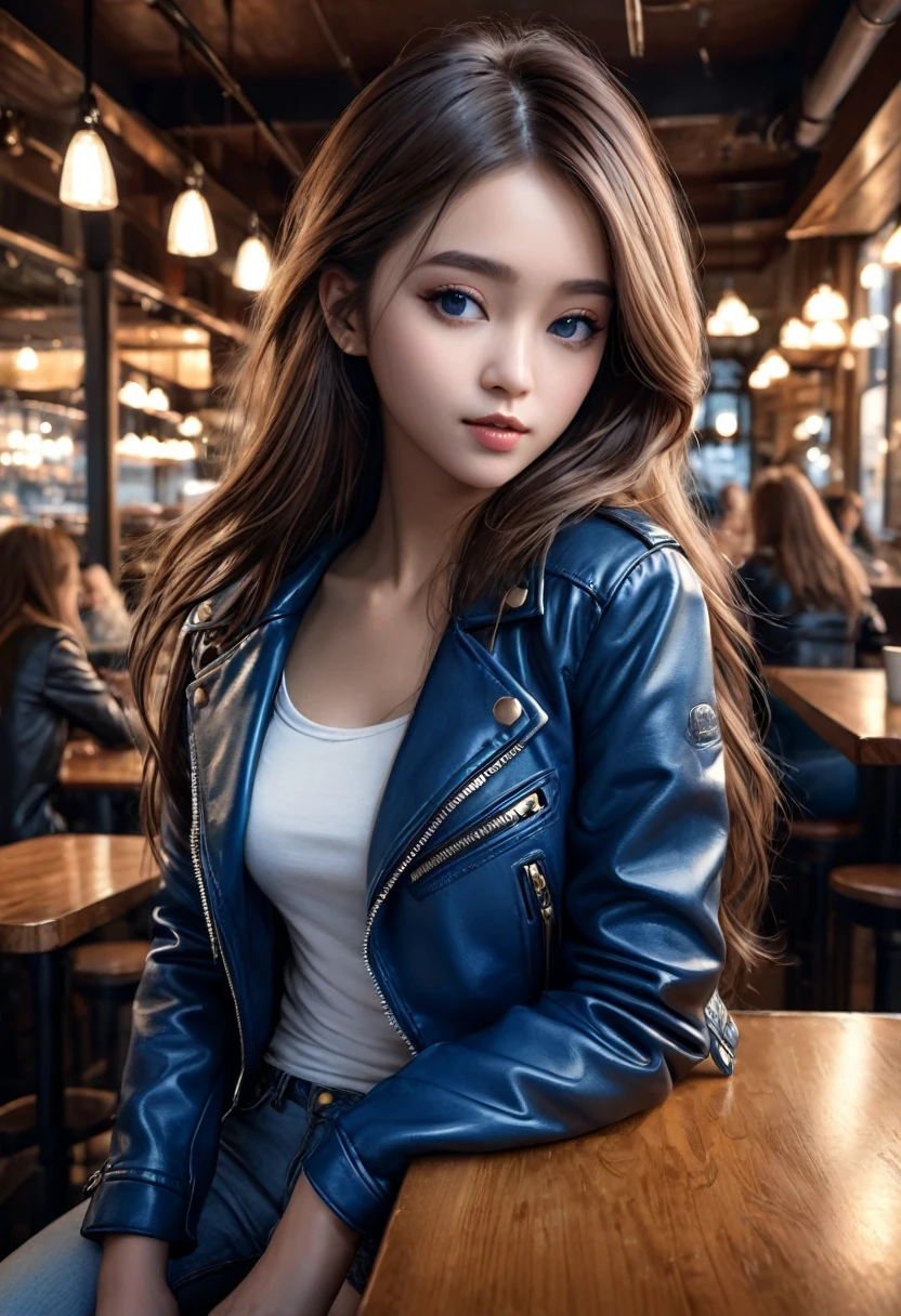 Best quality, masterpiece, ultra high res, (photorealistic:1.4), raw photo, 1girl, closeup, in coffeeshop, , long hair, blue leather jacket,